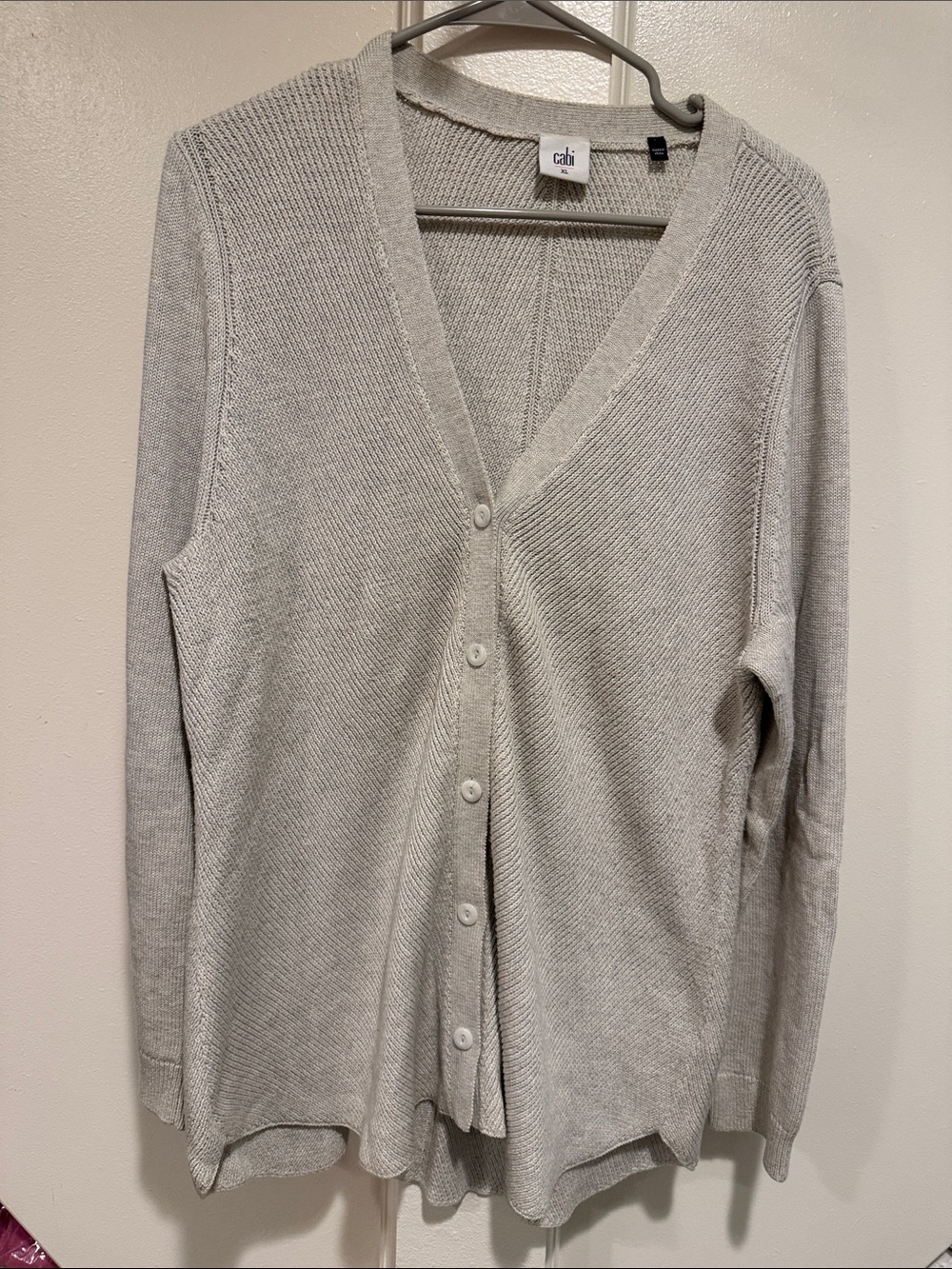 CAbi light gray V-neck button-front cardigan